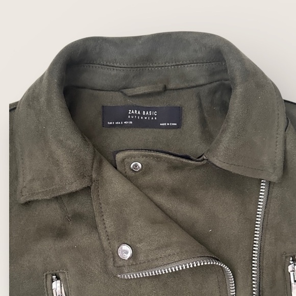 Zara Dark Green faux suede women’s Moto light coat Silver Zippers in S - Picture 2 of 8